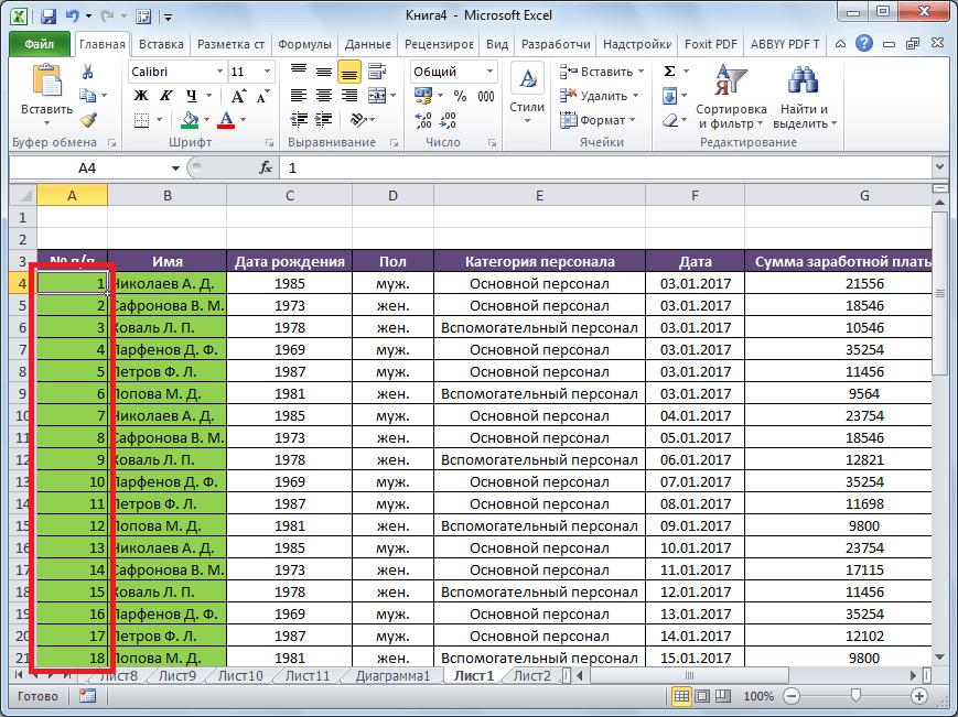 Таблица пронумерована в программе Microsoft Excel