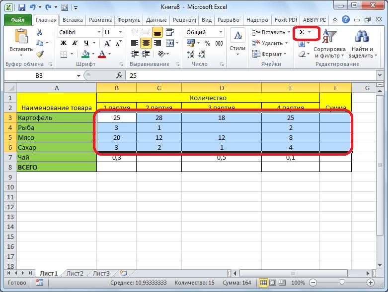 Автосумма для нескольких строк и столбцов Microsoft Excel
