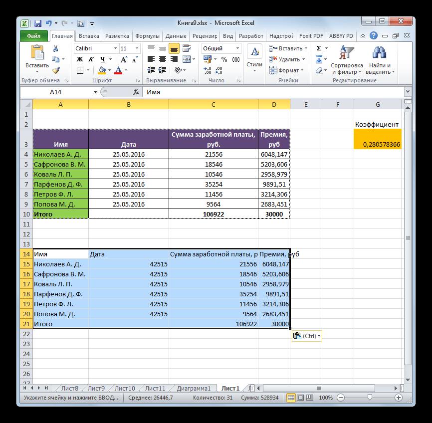 Таблица вставлена в Microsoft Excel