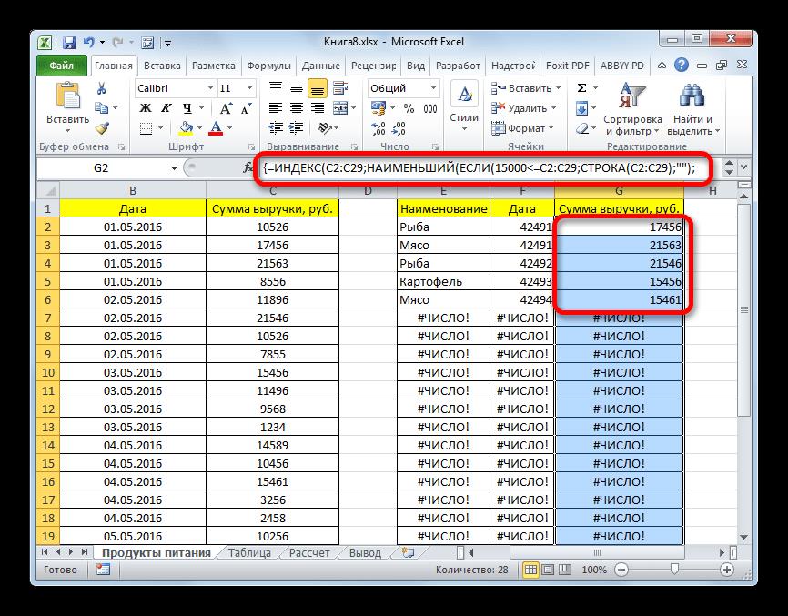 Формула массива введена в столбец выручки в Microsoft Excel