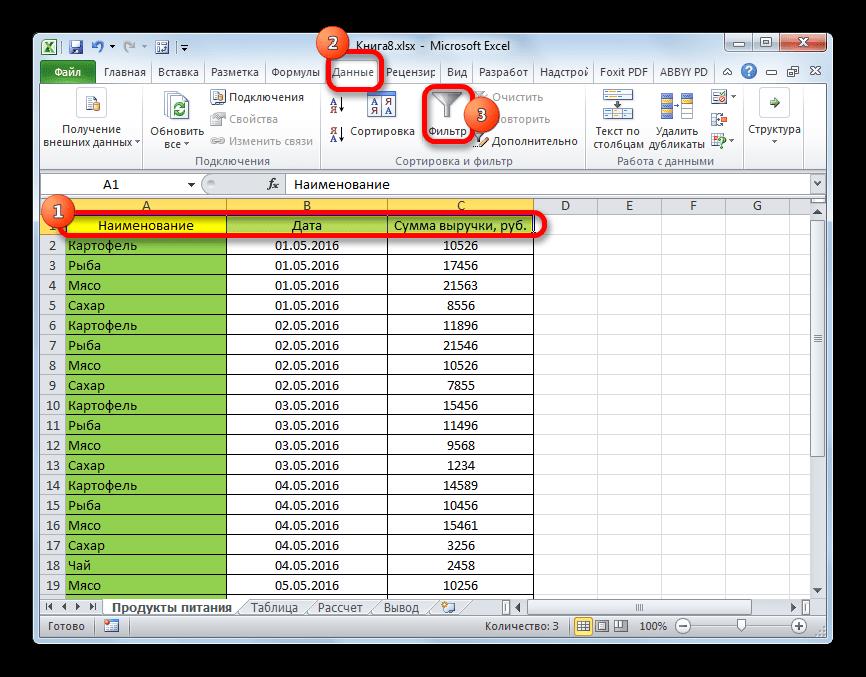 Включение фильтра через вкладку Данные в Microsoft Excel