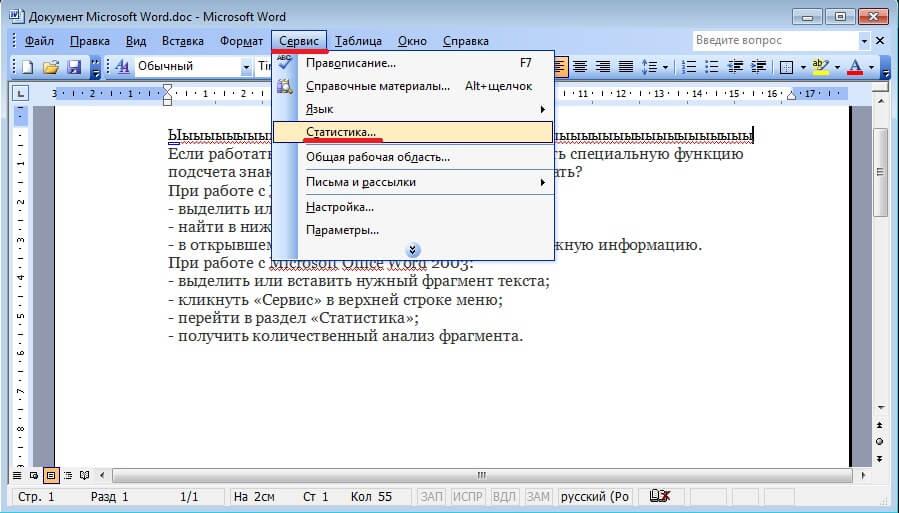 Как посчитать количество знаков в Microsoft Office Word 2003
