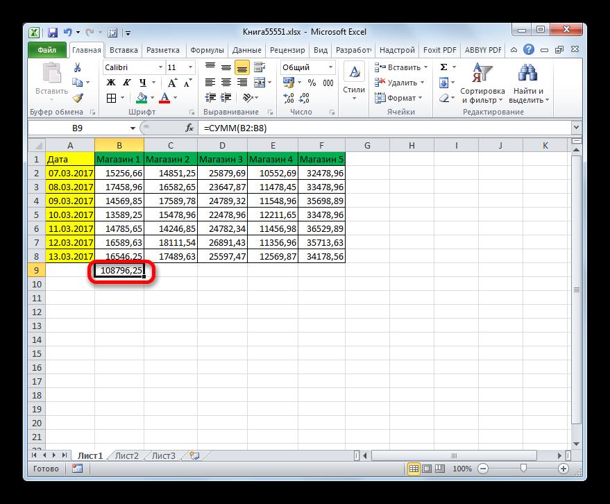 Автосумма для Магазина 1 подсчитана в Microsoft Excel