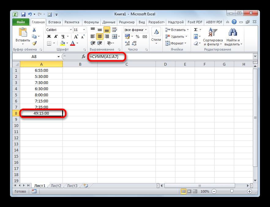 Результат расчета автосуммы в Microsoft Excel