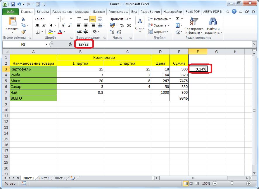 Результат формулы с процентами для таблицы в программе Microsoft Excel