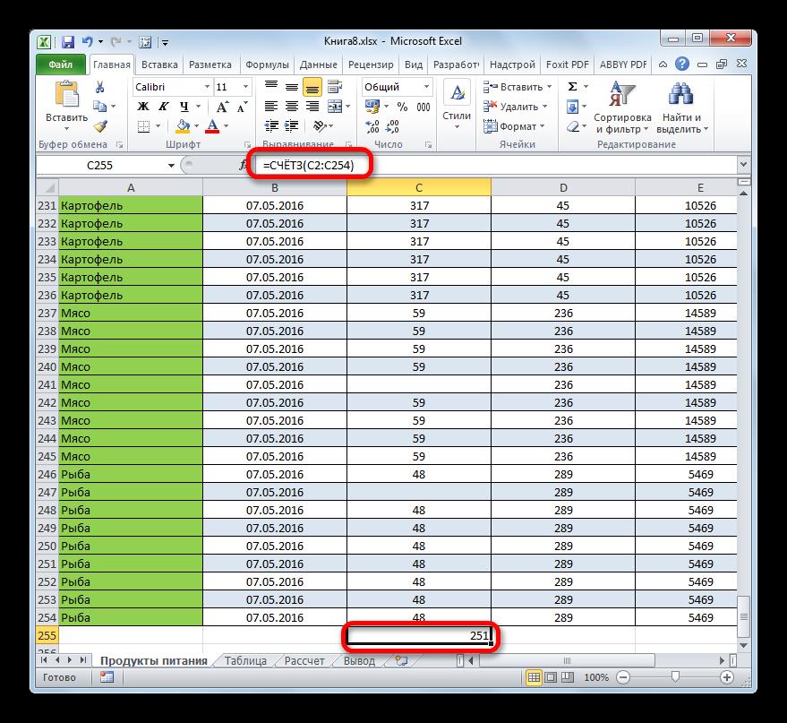 Результат вычисления функции СЧЁТЗ в Microsoft Excel