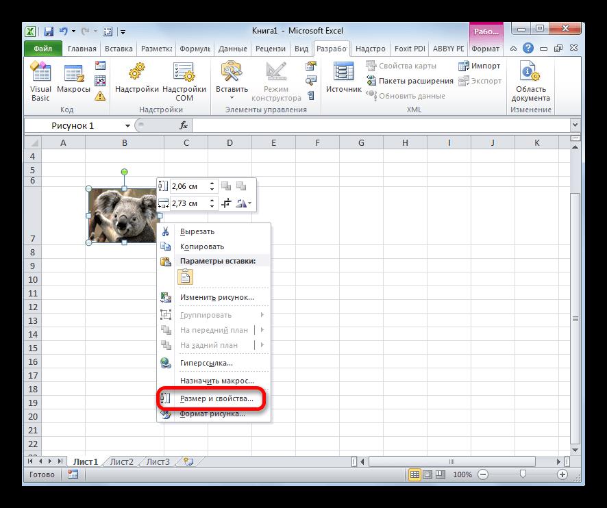 Переход в свойства изображения в Microsoft Excel