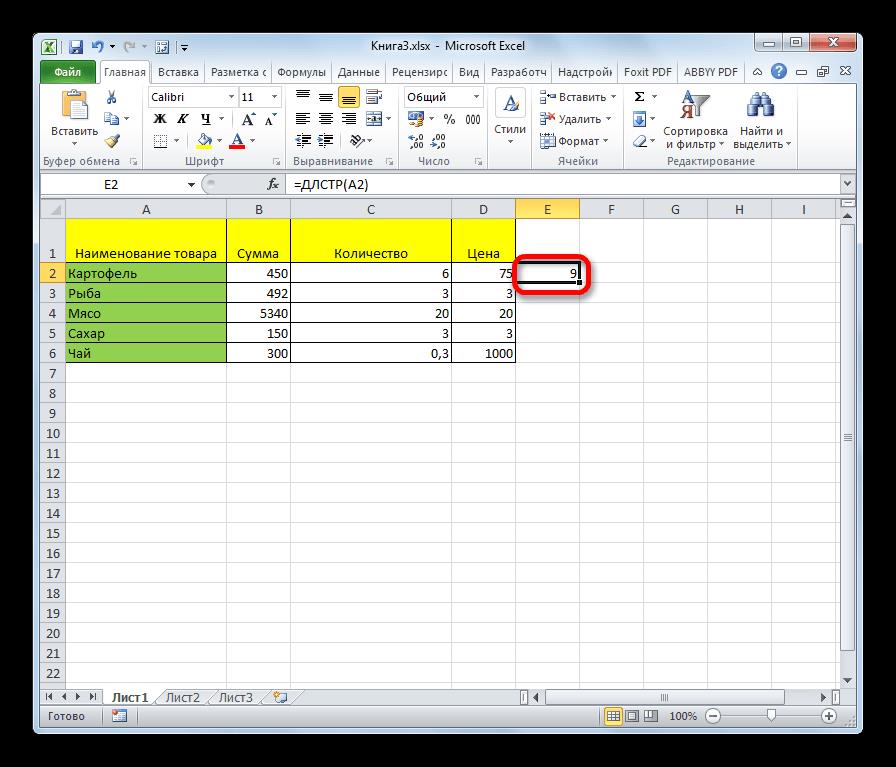 Результат подсчета количества символов функцией ДЛСТР в Microsoft Excel
